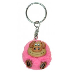 Porte-Clés Pompon Rose Cochon en Bois 