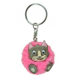 Porte-Clés Pompon Rose Chat en Bois 