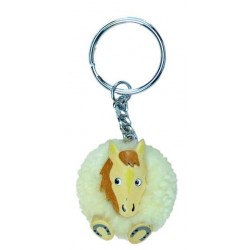 Porte-Clés Pompon Blanc Cheval en Bois 