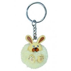 Porte-Clés Pompon Blanc Lapin en Bois 