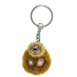 Porte-Clés Pompon Marron Lion en Bois 