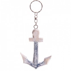 Porte-Clés Ancre en Bois Flotté (Bleu)