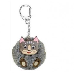 Porte-Clés Pompon Gris Chat en Bois 