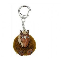 Porte-Clés Pompon Marron Cheval en Bois 
