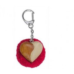 Porte-Clés Pompon Rouge Coeur en Bois 