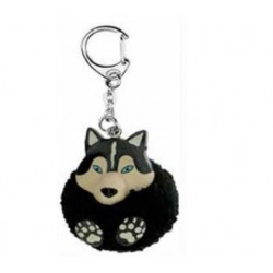Porte-Clés Pompon Noir Husky en Bois 