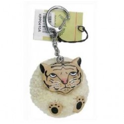 Porte-Clés Pompon Blanc Tigre en Bois 